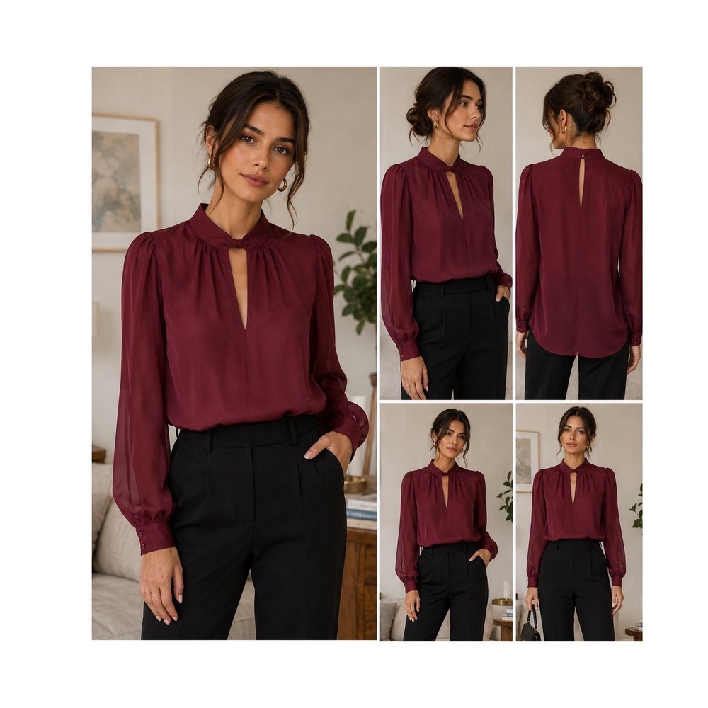 PAIGE Wine Burgundy Silk Blend Keyhole Twist Neck Blouse Size M